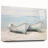 Acrylic print of a rowboat on calm water in muted blue and gray tones, suitable for bedroom or dining room decor.