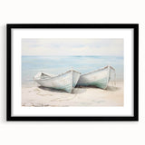 Abstract art print of a colorful rowboat, using vibrant blue and orange hues on a textured, extra large canvas.
