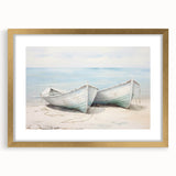 Textured abstract art print of a rowboat in muted earth tones on a gold-framed canvas, suitable for bedroom decor.