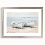 Abstract art print of a rowboat, featuring muted blue and gray tones on a framed silver mat.