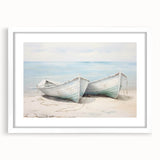Extra large abstract art print of a rowboat in muted gray and blue tones, framed with a white mat.