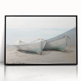 Large abstract wall art featuring a rowboat in muted blue and gray tones on a framed acrylic.