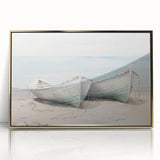 Mid-century modernist art of a rowboat in muted earth tones on a framed acrylic, ideal for nursery wall decor.