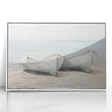Mid-century modernist art of a rowboat in muted blue and gray tones on a large framed acrylic.