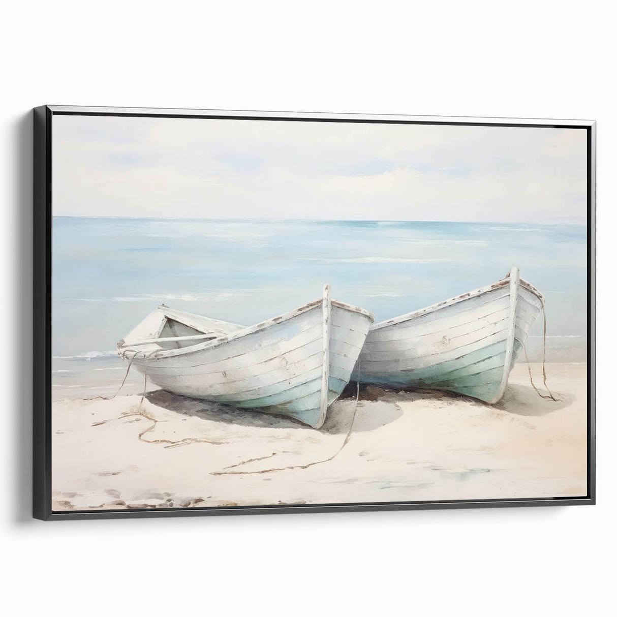 Black and white wall art featuring a vintage poster-style rowboat landscape on framed canvas, suitable for bedroom decor.