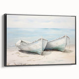 Black and white wall art featuring a vintage poster-style rowboat landscape on framed canvas, suitable for bedroom decor.