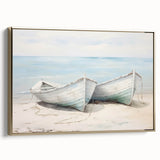 Framed canvas depicting a vintage-style landscape with a rowboat, rendered in black with colorful accents.