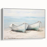 Vintage poster art of a rowboat in black and white, framed canvas, ideal for bedroom wall decor.