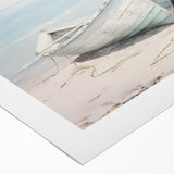 Art deco poster of a rowboat on water, in muted blue and gray tones on rolled canvas, suitable for dining room wall art.