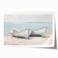 Rolled print of a rowboat on calm waters, using soft blue and gray tones.