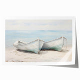Rolled print of a rowboat on calm waters, using soft blue and gray tones.