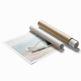 Monochrome sketch of a rowboat on water, printed on large rolled canvas, suitable for bathroom wall decor.