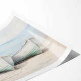 Extra large wall art featuring a rowboat on water, rendered in soft blue and gray tones on a rolled print.