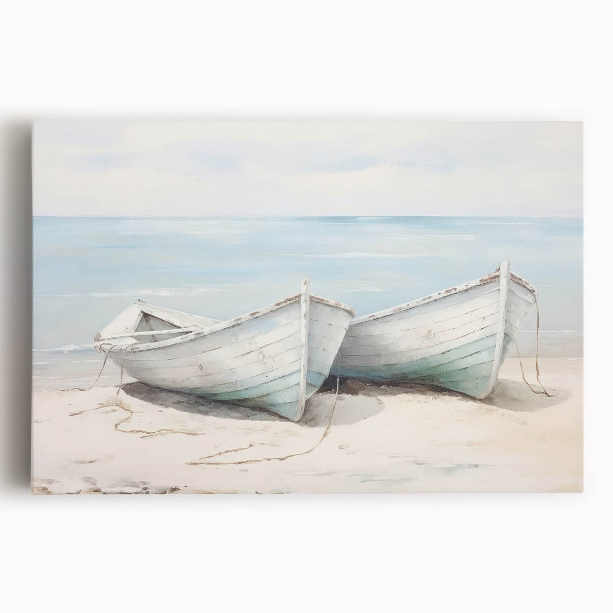 Black and white photo of a rowboat on calm water, printed on large stretched canvas, suitable for kitchen wall art.