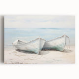 Black and white photo of a rowboat on calm water, printed on large stretched canvas, suitable for kitchen wall art.