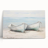 Black and white photograph of a rowboat on water, printed on large stretched canvas.