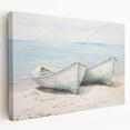 Side view of a rowboat in muted blue and gray tones on stretched canvas, suitable for kitchen wall art.