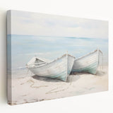 Side view of a rowboat in muted blue and gray tones on stretched canvas, suitable for kitchen wall art.
