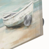 Large abstract wall art featuring a rowboat in muted blue and gray tones on acrylic glass, suitable for dining room decor.