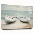 Acrylic print of a rowboat with reflective water in muted blue and gray tones, suitable for dining room decor.