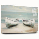 Acrylic print of a rowboat with reflective water in muted blue and gray tones, suitable for dining room decor.
