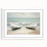 Extra large abstract art print featuring a textured depiction of a rowboat, in muted earth tones on a white framed canvas.