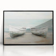 Large abstract wall art of a rowboat in muted gray and blue tones, acrylic print in black frame.