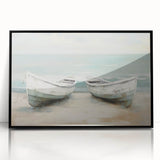 Large abstract wall art of a rowboat in muted gray and blue tones, acrylic print in black frame.