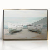 Acrylic print of a mid-century modernist rowboat, using muted gold tones, ideal for nursery wall art.