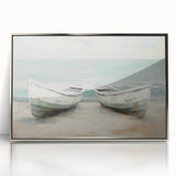 Framed acrylic print of a rowboat on calm waters in art deco style, with muted blue and silver tones.