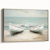 Framed canvas of a vintage rowboat in muted black and colorful hues, ideal for adding a nautical touch to a living room.