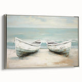 Vintage poster art of a silver rowboat on a black background, extra large framed canvas, ideal for living room decor.