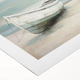 Art deco poster of a rowboat on calm waters, in muted blues and grays, on rolled canvas.