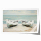 Extra large rolled print of a rowboat on serene water, in soft blue and gray tones, ideal for dining room wall art.
