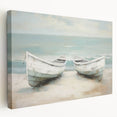 Large art print of a rowboat on water in subdued blue and gray tones on stretched canvas, ideal for kitchen wall art.