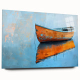 Acrylic print of a rowboat on calm waters in muted blue and gray tones, suitable for bedroom or dining room decor.