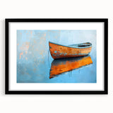 Abstract art print of a rowboat in vibrant colors on a textured, extra large canvas, ideal for living room decor.