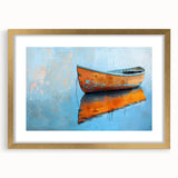 Textured art print of an abstract rowboat in muted blue and gray tones on a framed canvas, suitable for bedroom decor.