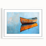 Extra large abstract art print of a rowboat, with textured design in muted blues and grays, framed with a white mat.