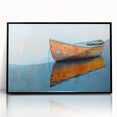 Large abstract wall art depicting a rowboat in muted earth tones, acrylic print in a black frame.