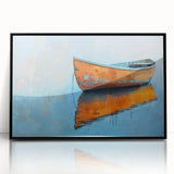 Large abstract wall art depicting a rowboat in muted earth tones, acrylic print in a black frame.