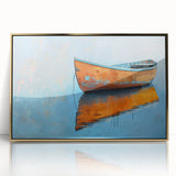 Mid-century modernist art depicting a rowboat in muted earth tones on a framed acrylic, ideal for nursery wall art.