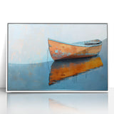 Acrylic print of a mid-century modernist rowboat, using muted blue and white tones, ideal for nursery wall decor.