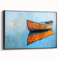 Black and white framed canvas featuring a vintage rowboat on a calm lake, ideal for bedroom wall decor.