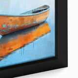 Extra large framed canvas featuring a close-up of a black rowboat with colorful, textured detailing.