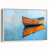 Framed canvas depicting a vintage-style black rowboat on a calm lake, ideal for bedroom wall art.