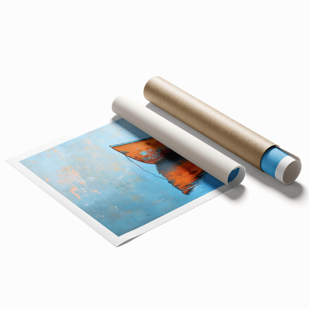 Extra large wall art featuring a rowboat on calm waters, in muted blue and gray tones, ideal for classy bathroom decor.