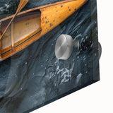Close-up of a large acrylic print featuring an abstract rowboat, in muted blue and gray tones, suitable for dining room art.
