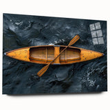 Side view of a rowboat depicted in large abstract wall art on acrylic glass, using cool blue and gray tones.