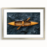 Abstract art print of a rowboat in muted blue and gray tones on a silver-framed canvas, ideal for dining room decor.